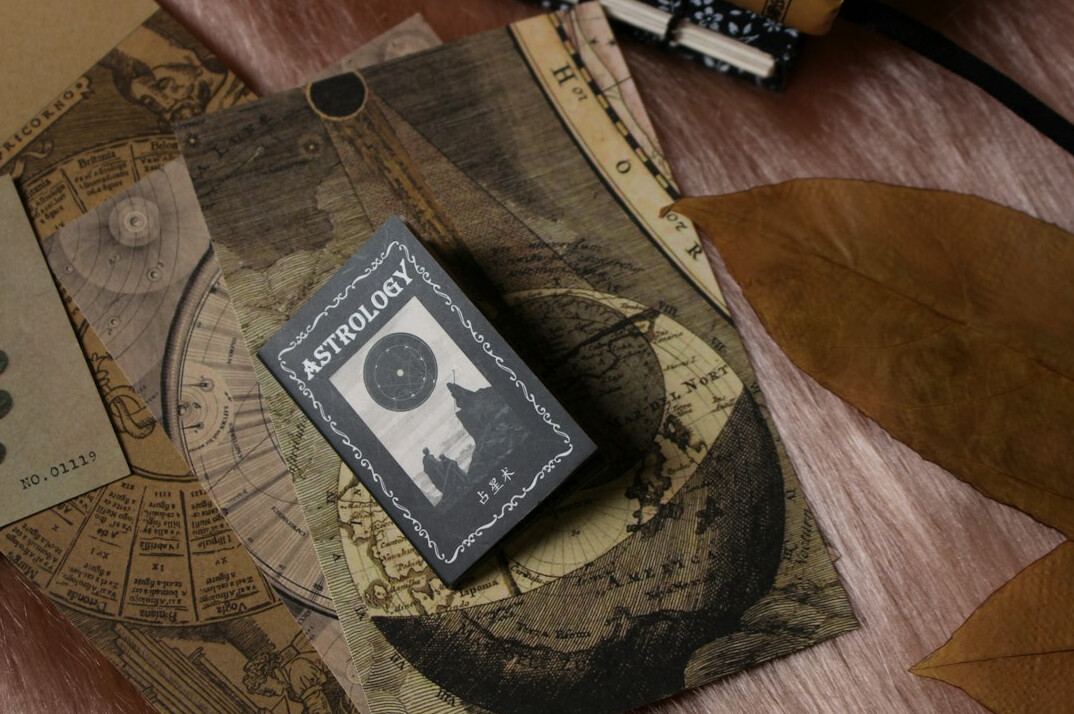 Old map, compass and detective notebook laid out on a wooden table